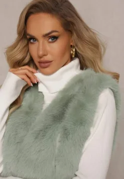 Jasnozielona Puchata Kamizelka z Futerka Ozdobiona Imitacją Skóry Tekllesa
