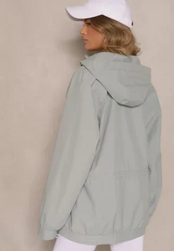 Jasnozielona Pudełkowa Kurtka o Kroju Parki ze Ściągaczem i Kapturem Sesailis