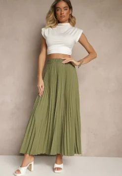Jasnozielona Rozkloszowana Spódnica z Gumką w Talii Zdobiona Plisami Firlimi