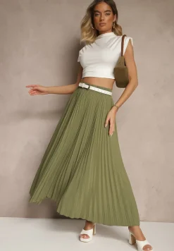 Jasnozielona Rozkloszowana Spódnica z Gumką w Talii Zdobiona Plisami Firlimi