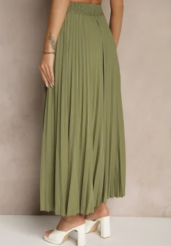 Jasnozielona Rozkloszowana Spódnica z Gumką w Talii Zdobiona Plisami Firlimi