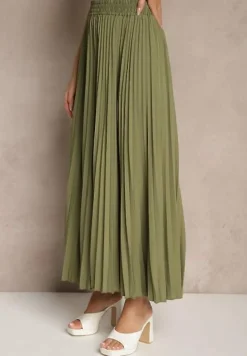 Jasnozielona Rozkloszowana Spódnica z Gumką w Talii Zdobiona Plisami Firlimi