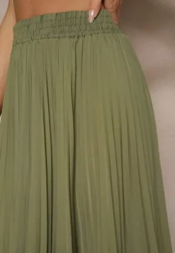 Jasnozielona Rozkloszowana Spódnica z Gumką w Talii Zdobiona Plisami Firlimi