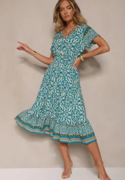 Jasnozielona Sukienka z Bawełny Ozdobiona Ornamentnym Motywem Fillena