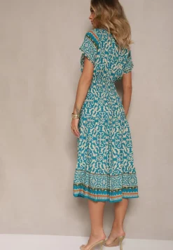 Jasnozielona Sukienka z Bawełny Ozdobiona Ornamentnym Motywem Fillena
