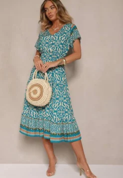 Jasnozielona Sukienka z Bawełny Ozdobiona Ornamentnym Motywem Fillena