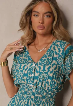 Jasnozielona Sukienka z Bawełny Ozdobiona Ornamentnym Motywem Fillena