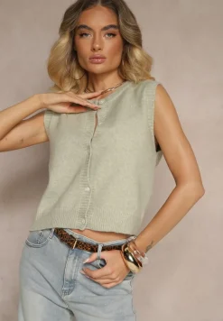 Jasnozielona Sweterkowa Kamizelka z Wełną na Guziki Eralina