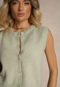 Jasnozielona Sweterkowa Kamizelka z Wełną na Guziki Eralina