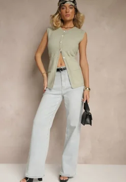 Jasnozielona Sweterkowa Kamizelka z Wełną na Guziki Haliriela