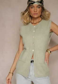 Jasnozielona Sweterkowa Kamizelka z Wełną na Guziki Haliriela