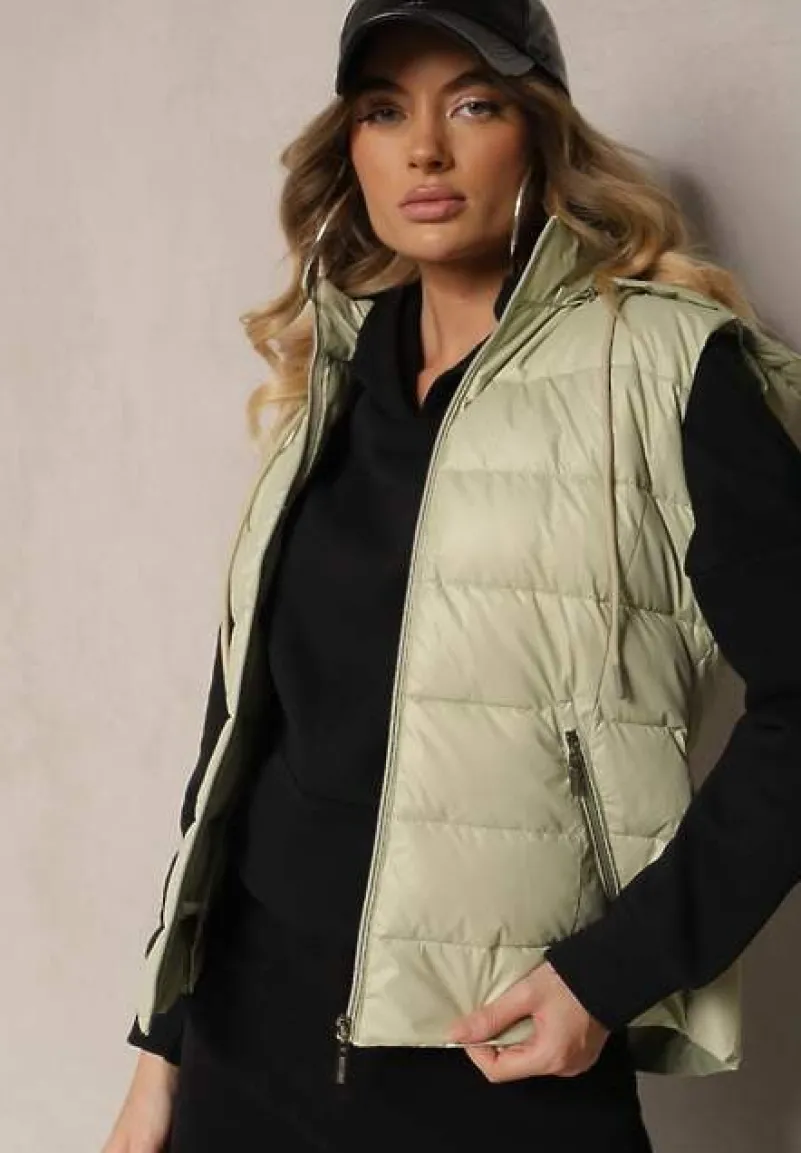 Jasnozielona Taliowana Kamizelka z Pikowanymi Przeszyciami Kieszeniami i Odpinanym Kapturem Ravarielis