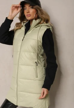 Jasnozielona Taliowana Kamizelka Przejściowa z Pikowanymi Przeszyciami i Kapturem Tintella