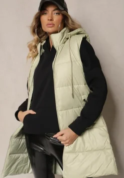 Jasnozielona Taliowana Kamizelka Przejściowa z Pikowanymi Przeszyciami i Kapturem Tintella