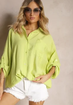 Jasnozielona Wiskozowa Koszula z Guzikami i Rękawem Długości 3/4 Herale