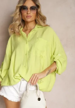 Jasnozielona Wiskozowa Koszula z Guzikami i Rękawem Długości 3/4 Herale