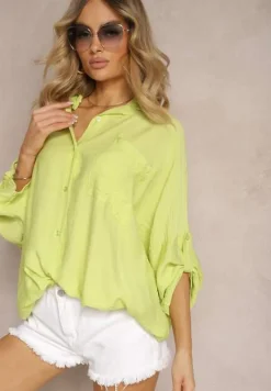 Jasnozielona Wiskozowa Koszula z Guzikami i Rękawem Długości 3/4 Herale