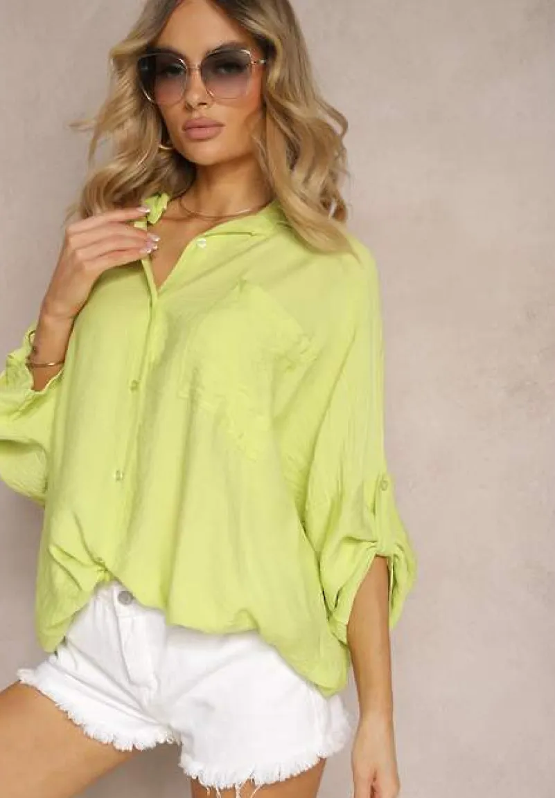 Jasnozielona Wiskozowa Koszula z Guzikami i Rękawem Długości 3/4 Herale