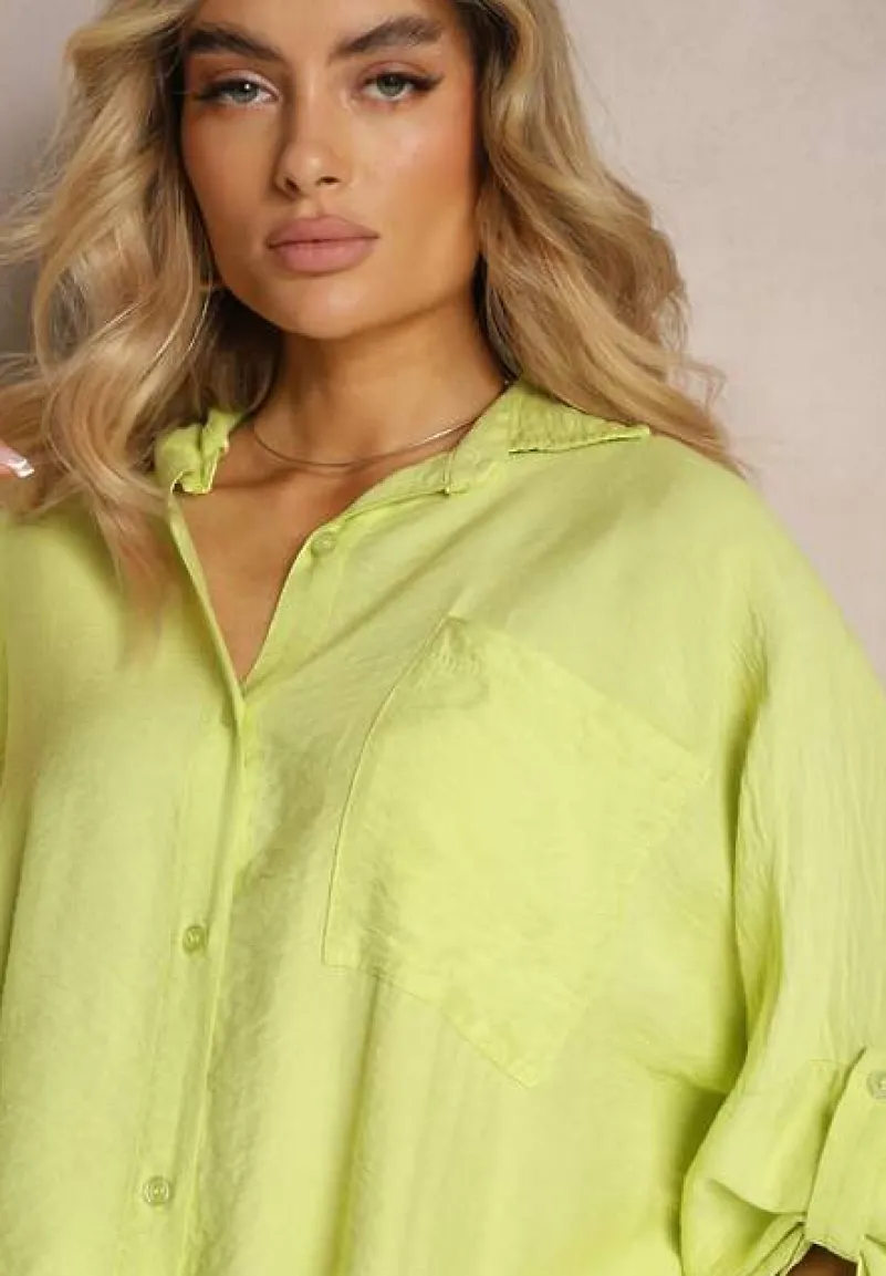 Jasnozielona Wiskozowa Koszula z Guzikami i Rękawem Długości 3/4 Herale