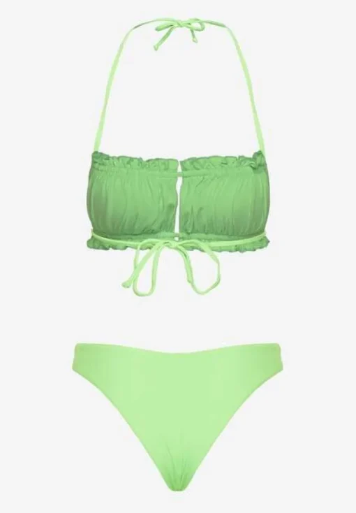 Jasnozielone Bikini Majtki Figi Biustonosz z Wiązaniem Ozdobiony Marszczeniem Folinira