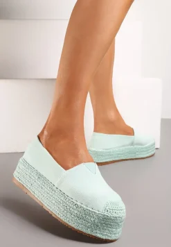 Jasnozielone Espadryle Ozdobione Plecionką na Nosku i Grubej Podeszwie Nareria