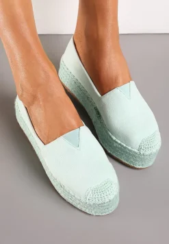 Jasnozielone Espadryle Ozdobione Plecionką na Nosku i Grubej Podeszwie Nareria