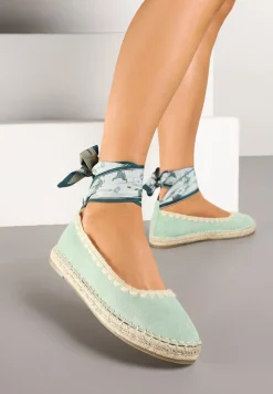 Jasnozielone Espadryle ze Wzorzystym Wiązaniem Przy Kostce Zdobione Plecionką Lortevia