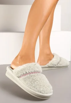 Jasnozielone Futrzane Kapcie na Płaskiej Podeszwie Ozdobione Paskiem Linnelle