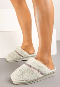 Jasnozielone Futrzane Kapcie na Płaskiej Podeszwie Ozdobione Paskiem Linnelle