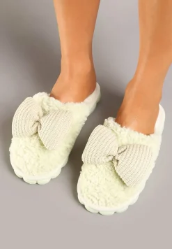 Jasnozielone Kapcie z Futerka z Kokardką na Ozdobnej Podeszwie Vamissa