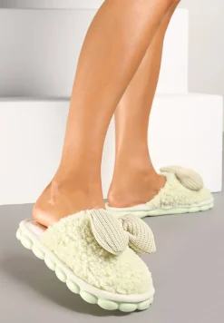 Jasnozielone Kapcie z Futerka z Kokardką na Ozdobnej Podeszwie Vamissa