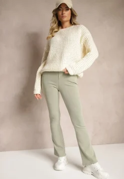 Jasnozielone Spodnie o Kroju Dzwonów z Bawełną Gumką w Talii i Imitacją Suwaka Mialyse