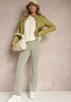 Jasnozielone Spodnie o Kroju Dzwonów z Bawełną Gumką w Talii i Imitacją Suwaka Mialyse