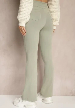 Jasnozielone Spodnie o Kroju Dzwonów z Bawełną Gumką w Talii i Imitacją Suwaka Mialyse