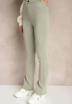 Jasnozielone Spodnie o Kroju Dzwonów z Bawełną Gumką w Talii i Imitacją Suwaka Mialyse
