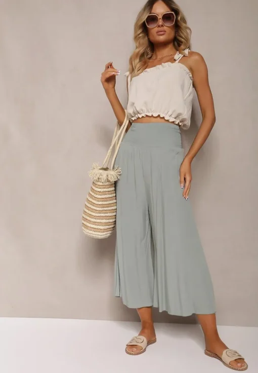 Jasnozielone Szerokie Spodnie High Waist o Długości 7/8 Rathi