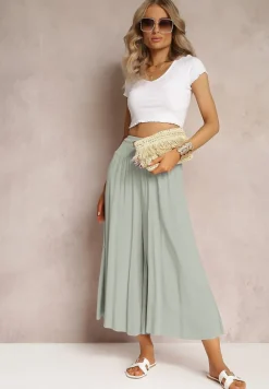 Jasnozielone Szerokie Spodnie High Waist o Długości 7/8 Rathi