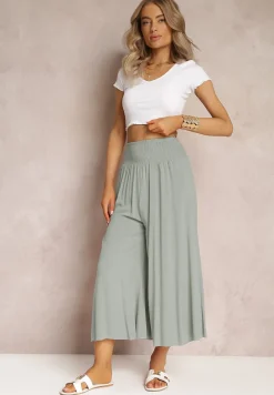 Jasnozielone Szerokie Spodnie High Waist o Długości 7/8 Rathi
