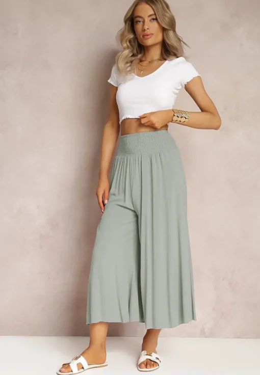 Jasnozielone Szerokie Spodnie High Waist o Długości 7/8 Rathi