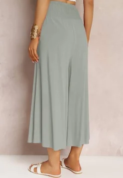 Jasnozielone Szerokie Spodnie High Waist o Długości 7/8 Rathi