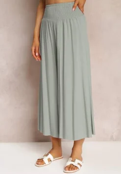 Jasnozielone Szerokie Spodnie High Waist o Długości 7/8 Rathi