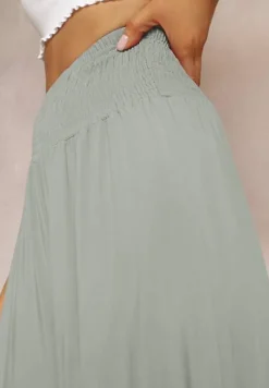 Jasnozielone Szerokie Spodnie High Waist o Długości 7/8 Rathi