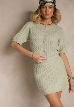 Jasnozielony Kardigan z Wełną i Ozdobnymi Guzikami i Tłoczeniem Halanira