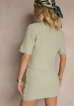 Jasnozielony Kardigan z Wełną i Ozdobnymi Guzikami i Tłoczeniem Halanira