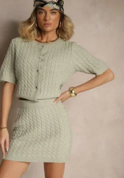 Jasnozielony Kardigan z Wełną i Ozdobnymi Guzikami i Tłoczeniem Halanira