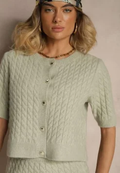 Jasnozielony Kardigan z Wełną i Ozdobnymi Guzikami i Tłoczeniem Halanira