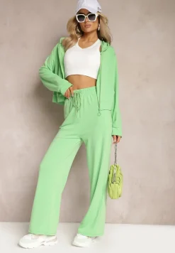 Jasnozielony Komplet Dresowy o Luźnym Kroju Bluza na Suwak z Kapturem i Spodnie Szerokie Ezorila