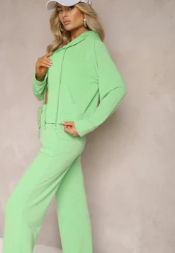 Jasnozielony Komplet Dresowy o Luźnym Kroju Bluza na Suwak z Kapturem i Spodnie Szerokie Ezorila