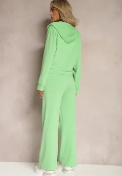 Jasnozielony Komplet Dresowy o Luźnym Kroju Bluza na Suwak z Kapturem i Spodnie Szerokie Ezorila