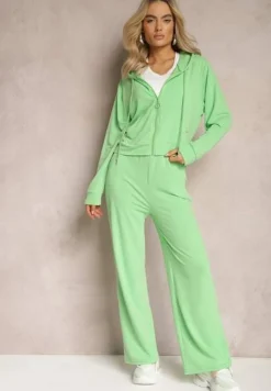 Jasnozielony Komplet Dresowy o Luźnym Kroju Bluza na Suwak z Kapturem i Spodnie Szerokie Ezorila